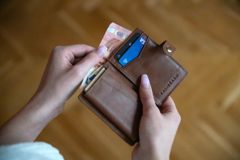 a person holding a leather wallet